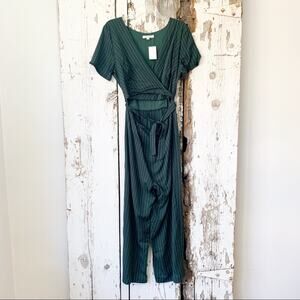 First Monday Pine striped wrap front split jumpsuit NEW